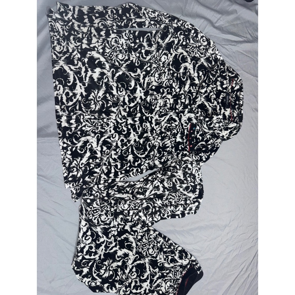 Ellen Tracy Womens Pajama Set Black White Scroll Print Rhinestone Pocket Medium‎